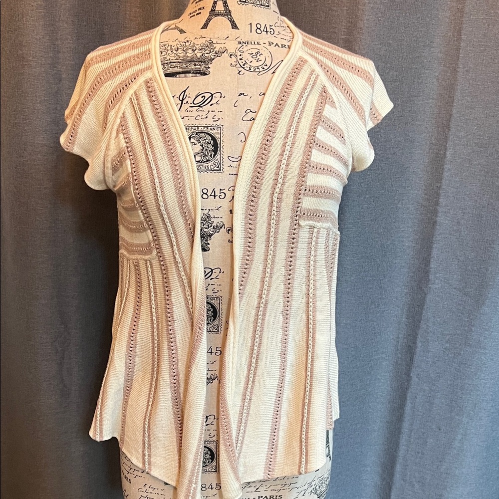 DKNY Jeans Striped Open-Front Cardigan in Cream and Tan